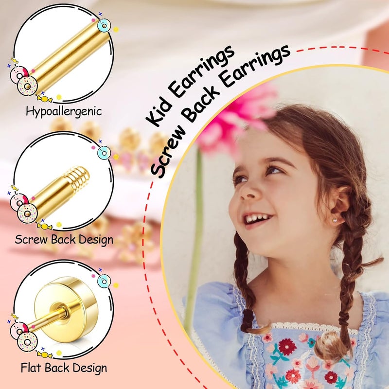 DALI Hypoallergenic Earrings for Girls,Toddler Screw Back Earrings for Kids Baby Women,Lightweight Surgical Steel Cute Pink Bow Butterfly Heart Flower CZ Flat Back Stud Earring for Sensitive Ears - Image 3